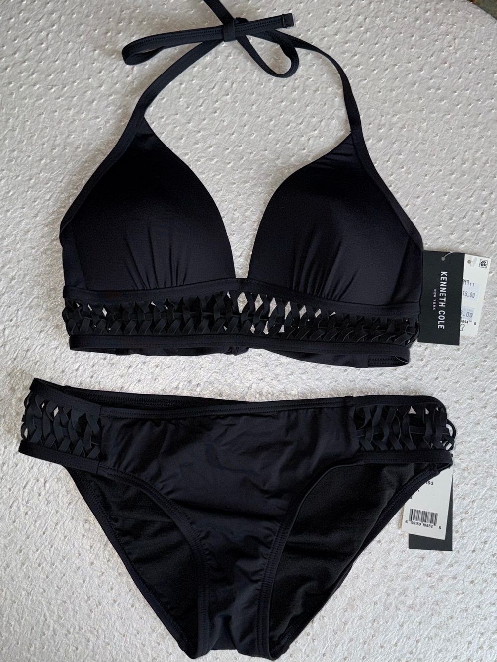 NWT Kenneth Cole Black Halter 2 pc Bikini with Braided Cutout Band Sz 32 B/C S